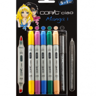 Copic Ciao Manga 1 Манга 5+1 набор маркеров и линер 0.3 мм - Набор маркеров Copic Ciao Hue Colors 5+1 с кистью для рисования (цветные маркеры + линер) Копик Чао купить в художественном магазине Copic.Club с доставкой по РФ и СНГ